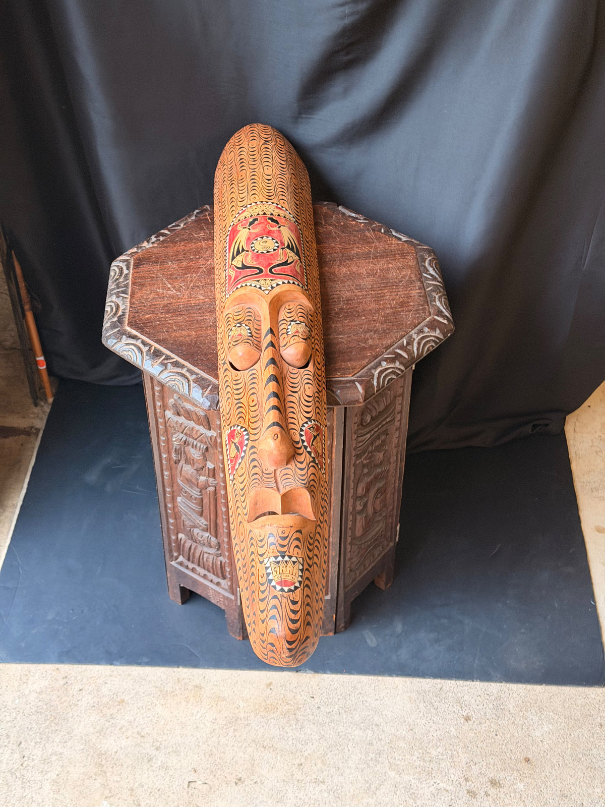 Vintage Indonesian Carved Wood Long Mask Shell Inlay Yin Yang Panel 40"
