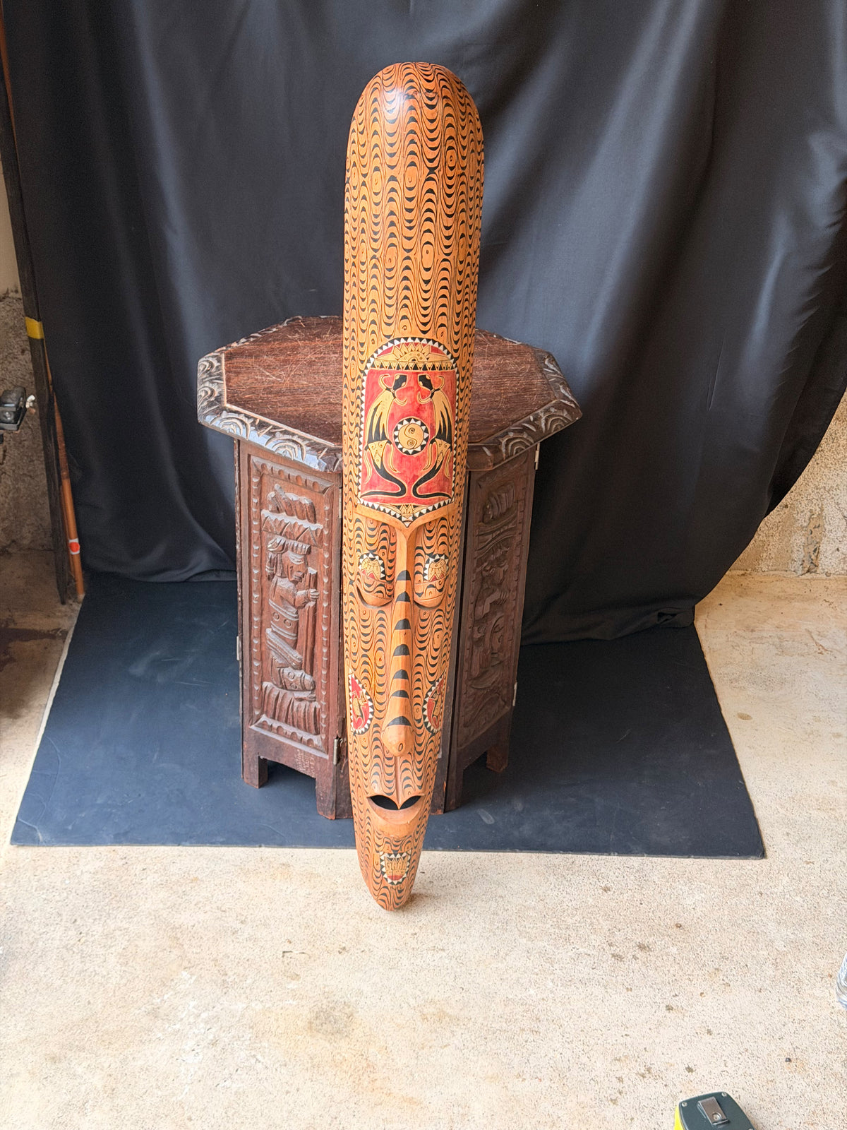Vintage Indonesian Carved Wood Long Mask Shell Inlay Yin Yang Panel 40"