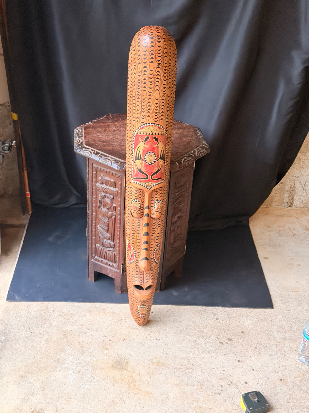 Vintage Indonesian Carved Wood Long Mask Shell Inlay Yin Yang Panel 40"