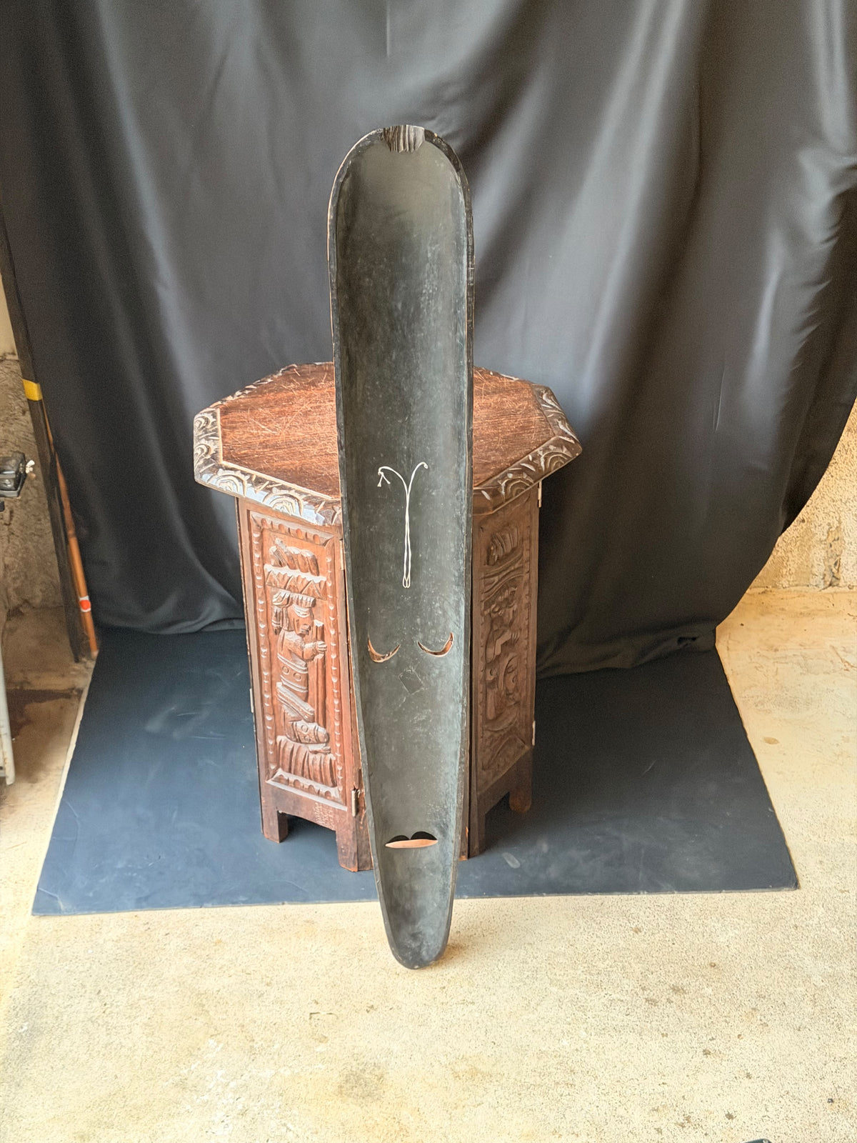 Vintage Indonesian Carved Wood Long Mask Shell Inlay Yin Yang Panel 40"