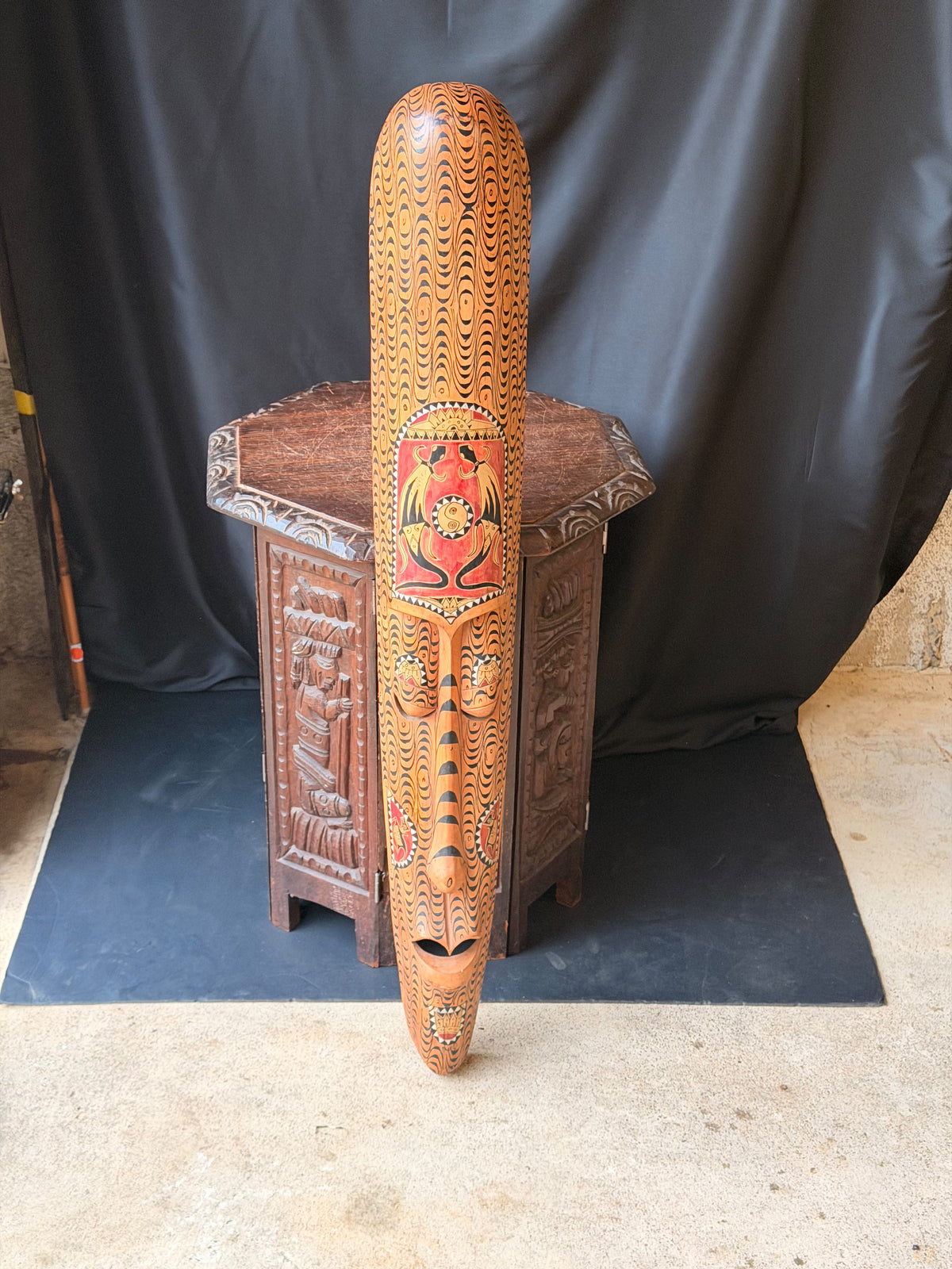 Vintage Indonesian Carved Wood Long Mask Shell Inlay Yin Yang Panel 40"