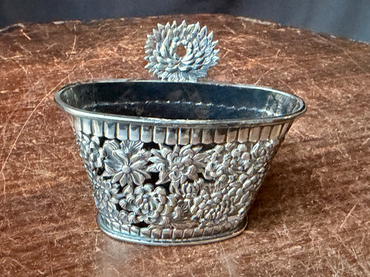 Antique Japanese Konoike Pure Silver Jungin Pierced Chrysanthemum Wall Vase 4"