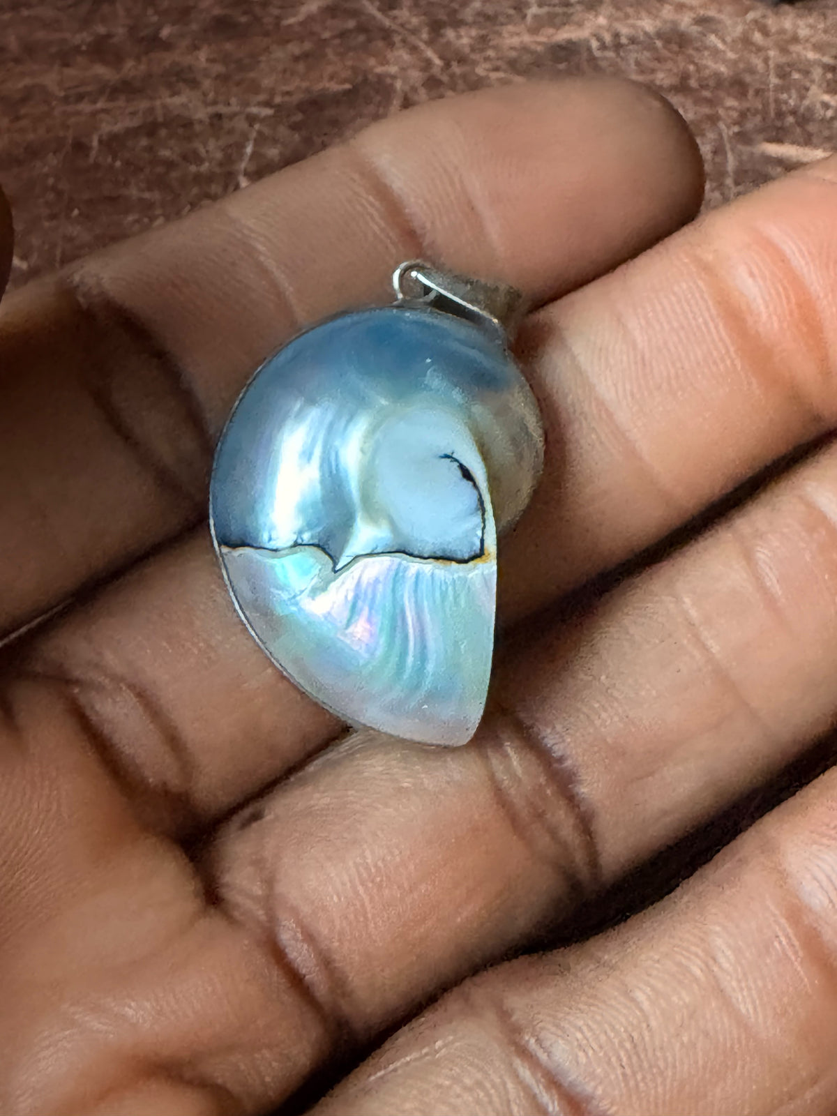 Vintage 925 Sterling Silver Pearlized Nautilus Shell Pendant 1.2"