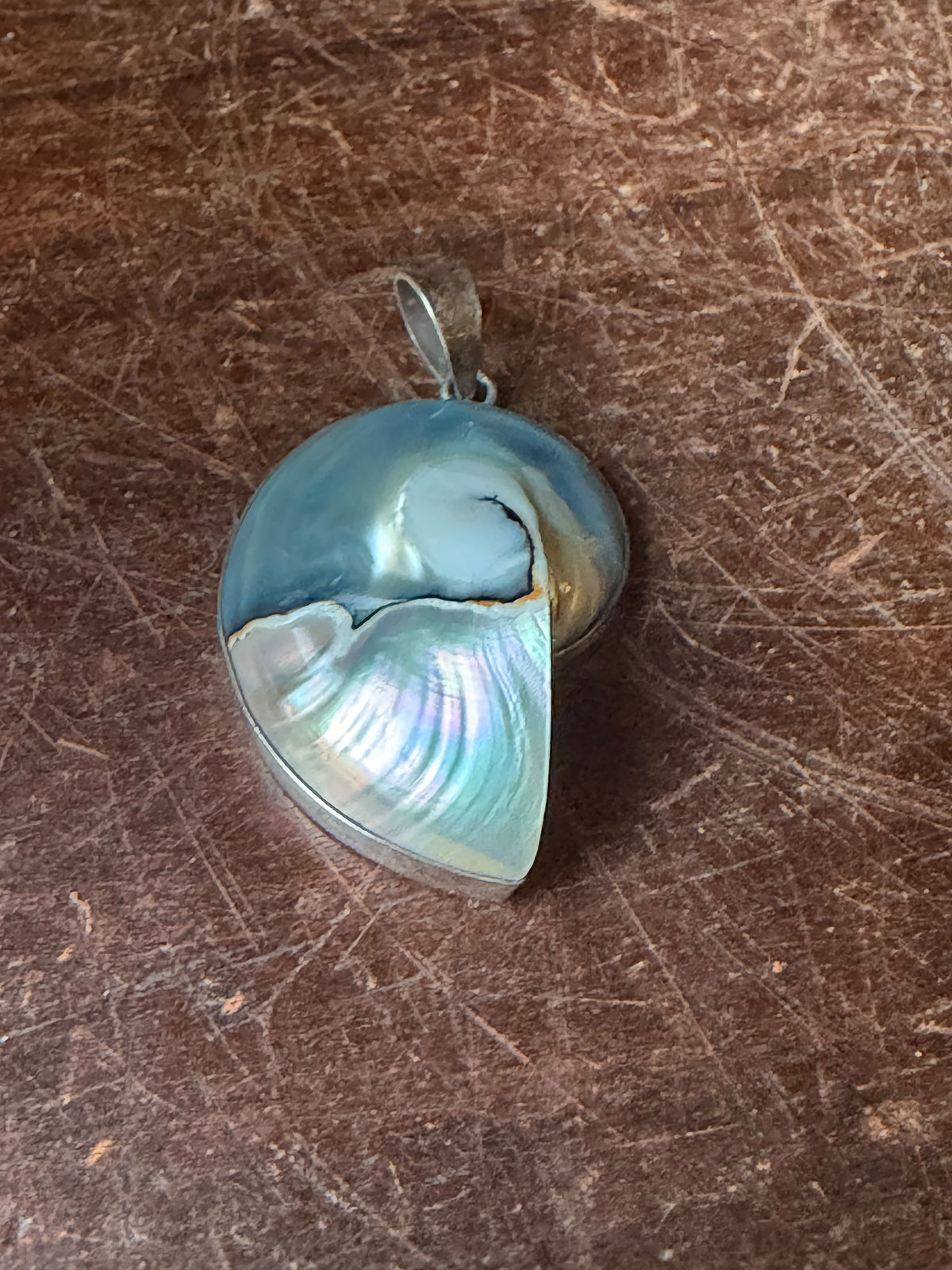 Vintage 925 Sterling Silver Pearlized Nautilus Shell Pendant 1.2"