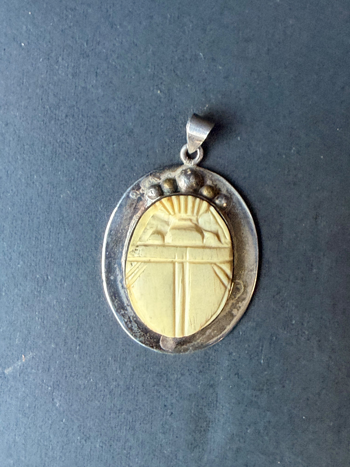 Vintage Egyptian 925 Sterling Silver Carved Scarab Beetle Pendant 1.5"