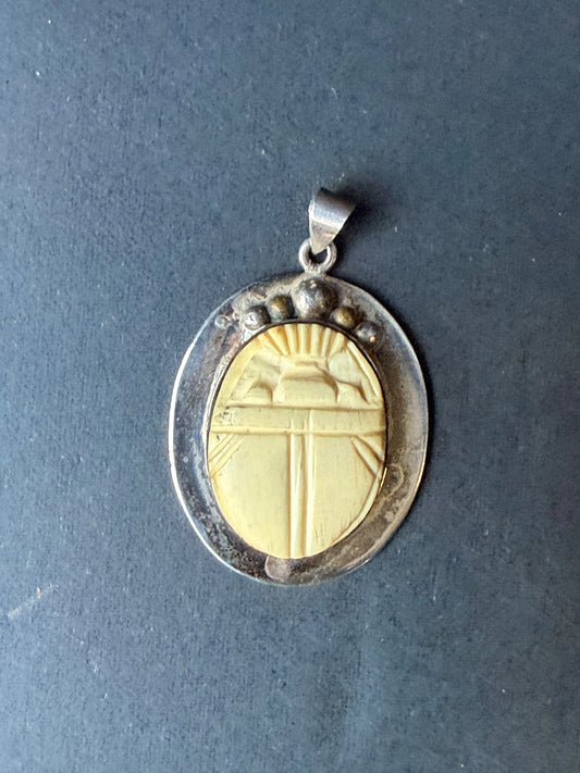 Vintage Egyptian 925 Sterling Silver Carved Scarab Beetle Pendant 1.5"