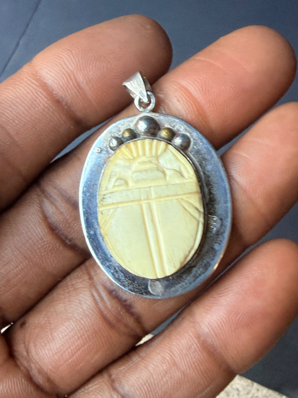 Vintage Egyptian 925 Sterling Silver Carved Scarab Beetle Pendant 1.5"