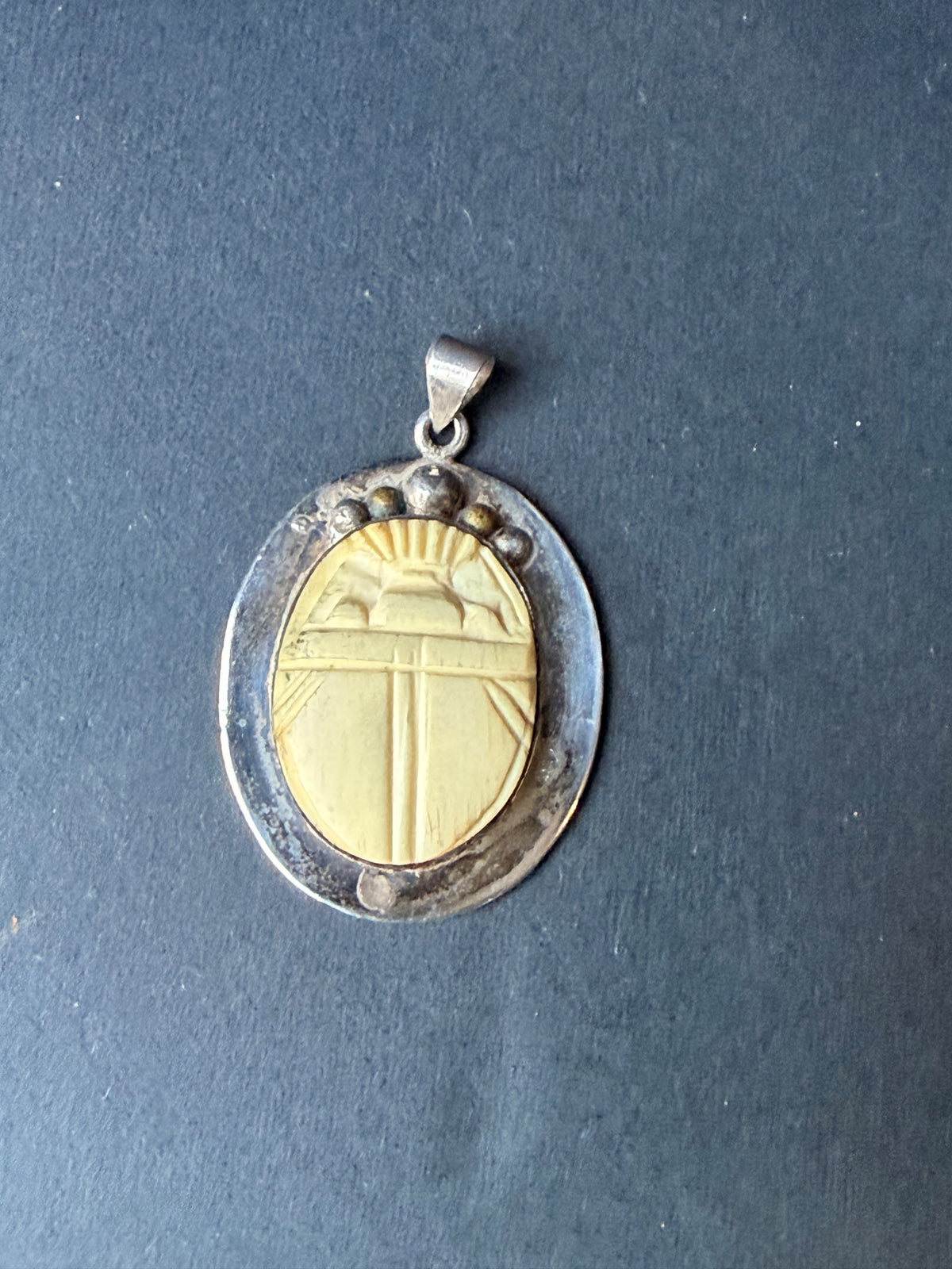 Vintage Egyptian 925 Sterling Silver Carved Scarab Beetle Pendant 1.5"