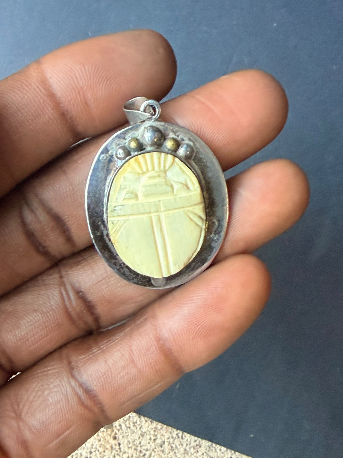 Vintage Egyptian 925 Sterling Silver Carved Scarab Beetle Pendant 1.5"