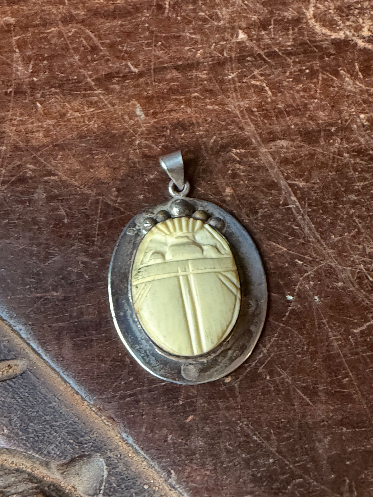 Vintage Egyptian 925 Sterling Silver Carved Scarab Beetle Pendant 1.5"