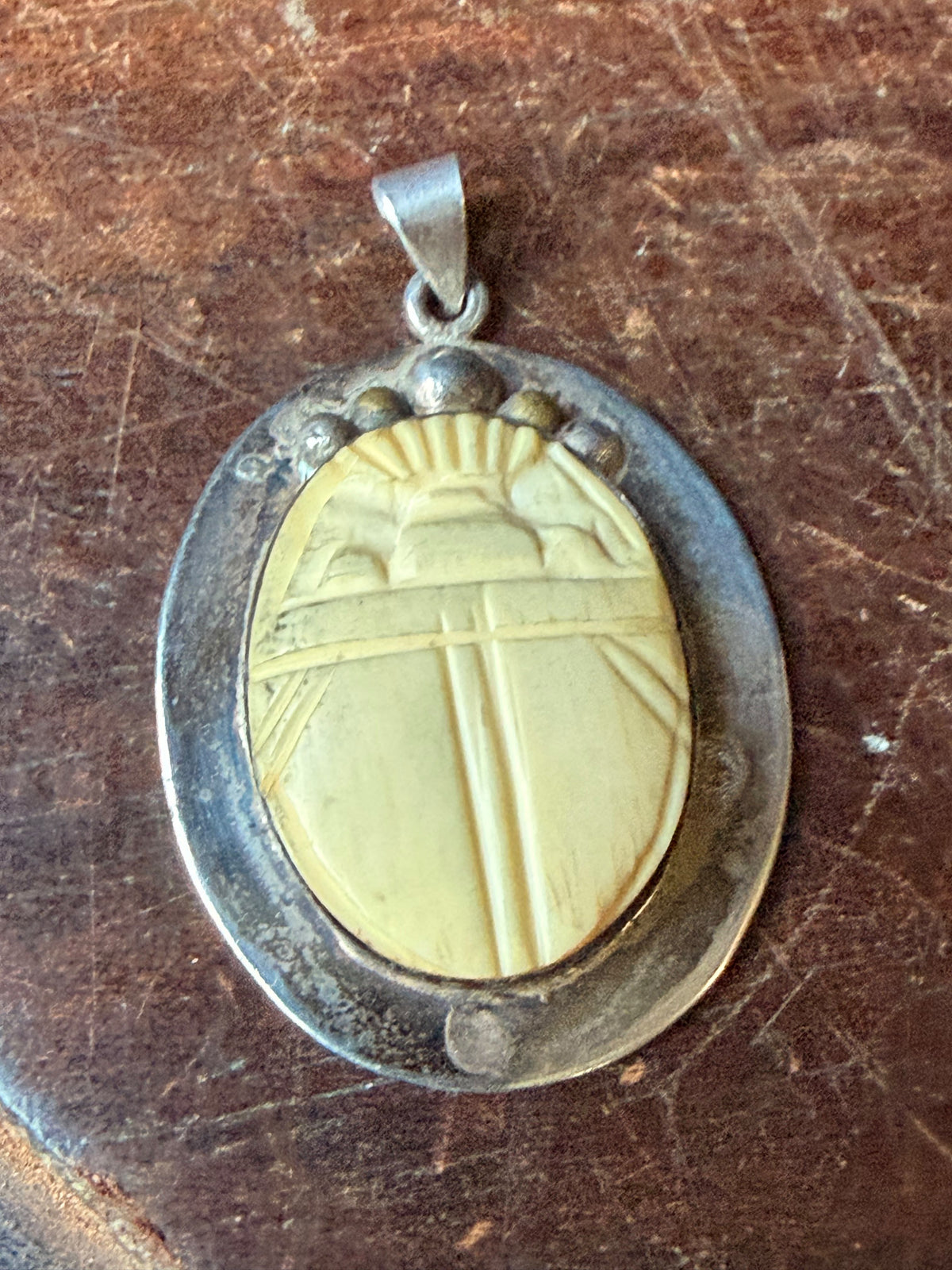 Vintage Egyptian 925 Sterling Silver Carved Scarab Beetle Pendant 1.5"