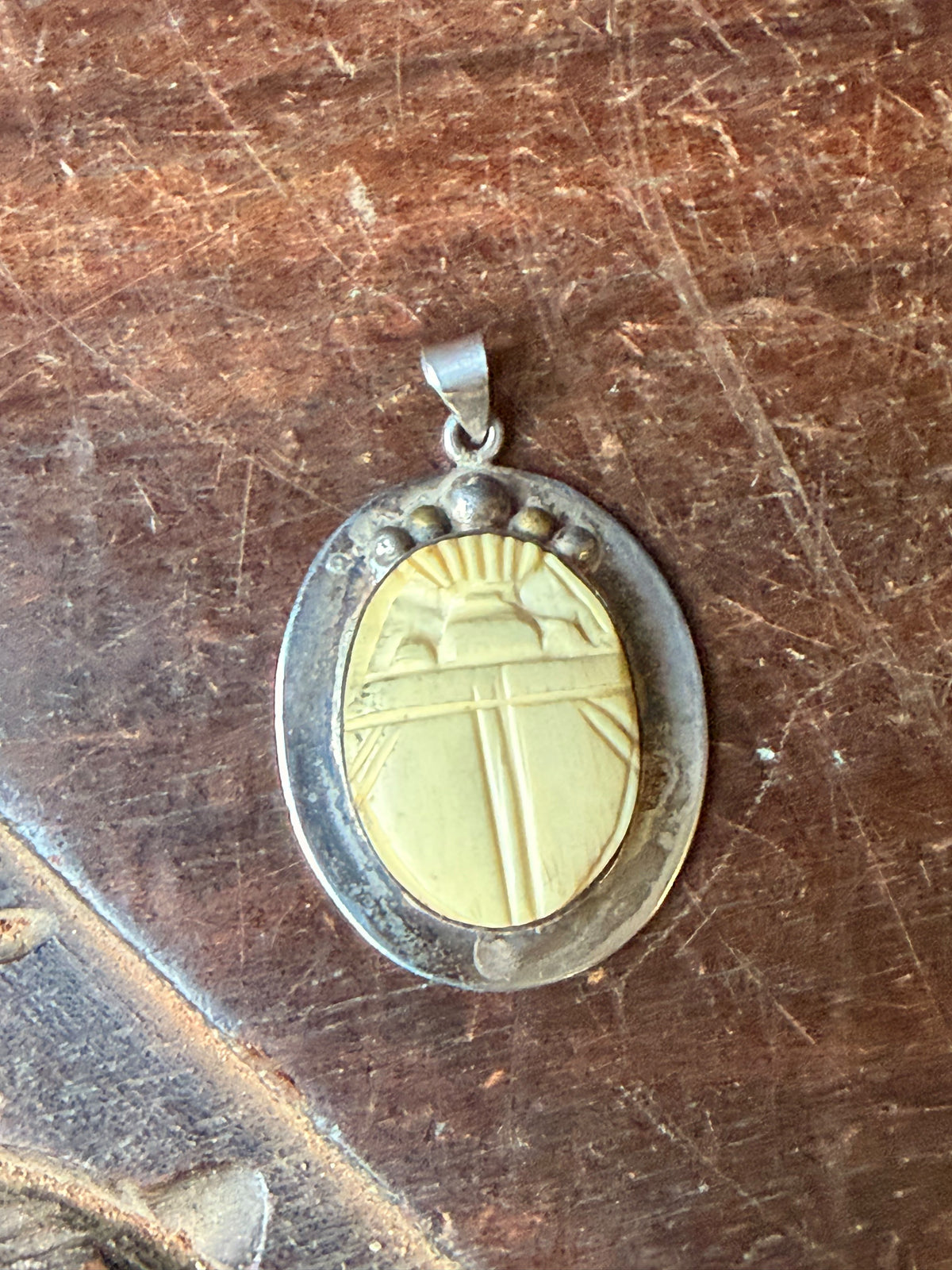 Vintage Egyptian 925 Sterling Silver Carved Scarab Beetle Pendant 1.5"