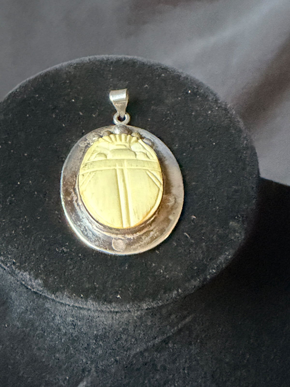 Vintage Egyptian 925 Sterling Silver Carved Scarab Beetle Pendant 1.5"