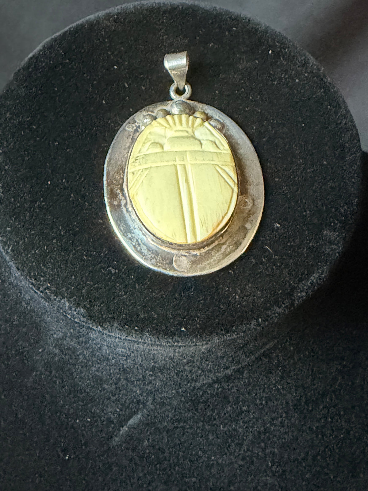 Vintage Egyptian 925 Sterling Silver Carved Scarab Beetle Pendant 1.5"