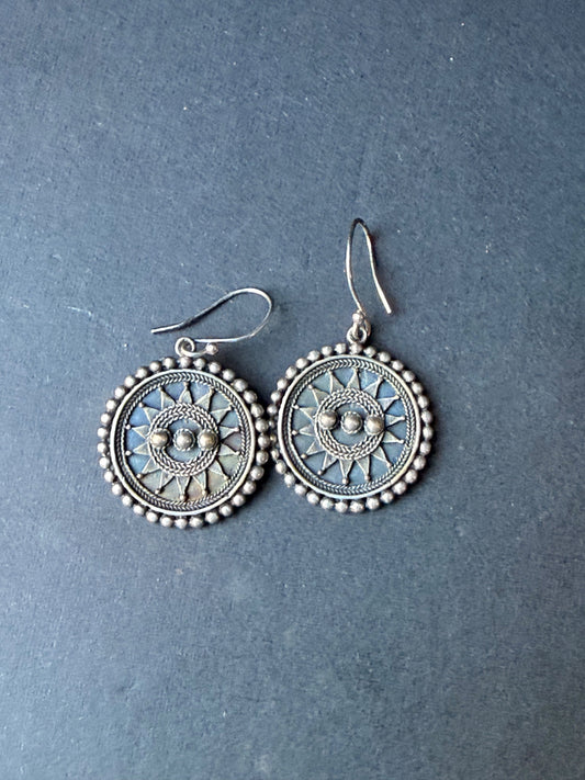Satya Silver Sun Mandala Disc Drop Earrings Beaded Rim Rope Border 0.8"