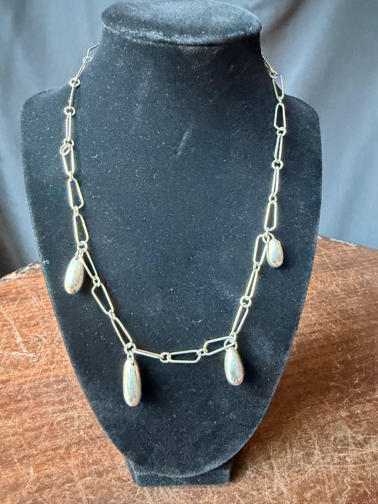 Vintage 925 Sterling Silver Teardrop Charm Paperclip Link Dangle Necklace 18"