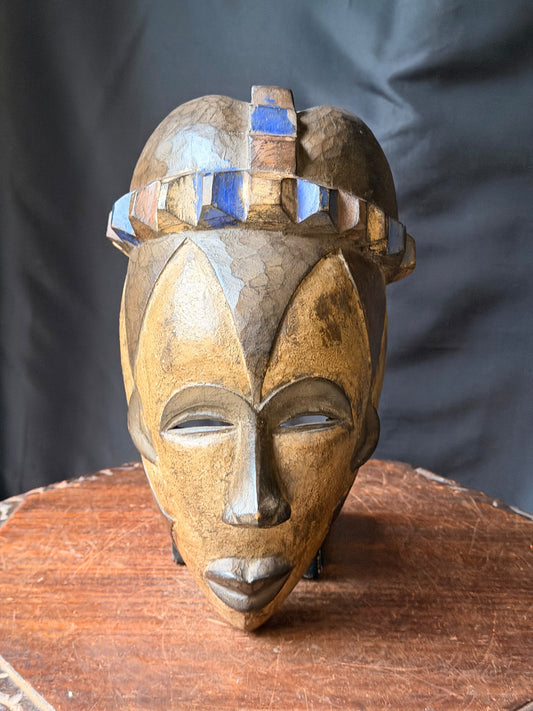 Vintage African Wood Mask Carved Blue Crown Two-Tone Face Wall Decor 13.5in