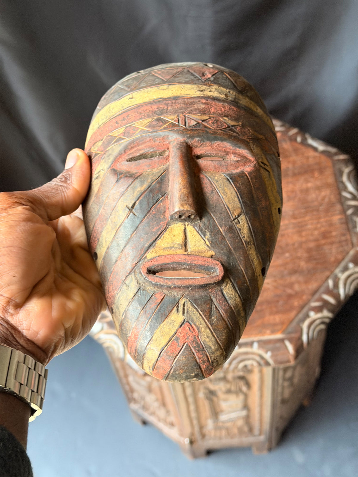 Vintage African Wood Mask Painted Diagonal Stripes Zigzag Band Carved Face 9in