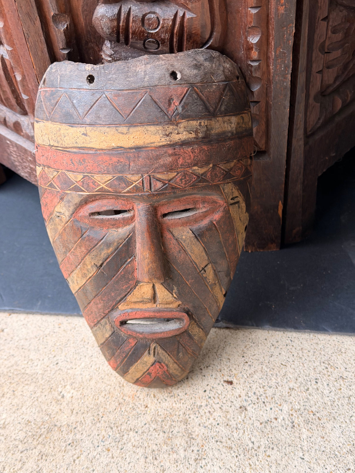 Vintage African Wood Mask Painted Diagonal Stripes Zigzag Band Carved Face 9in