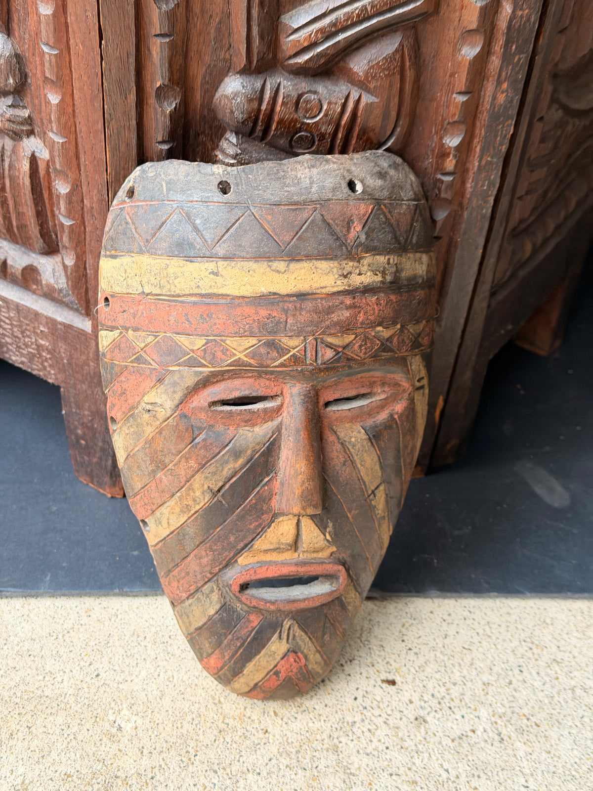 Vintage African Wood Mask Painted Diagonal Stripes Zigzag Band Carved Face 9in