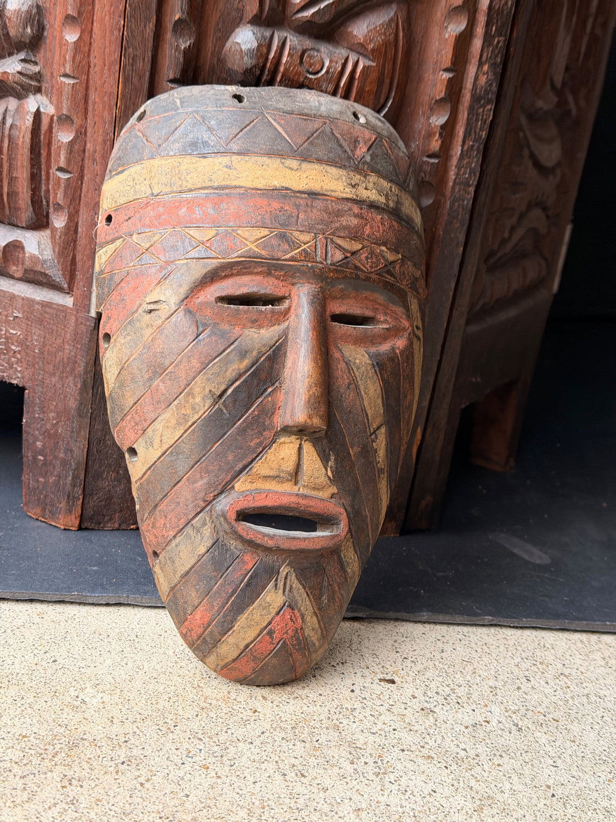 Vintage African Wood Mask Painted Diagonal Stripes Zigzag Band Carved Face 9in