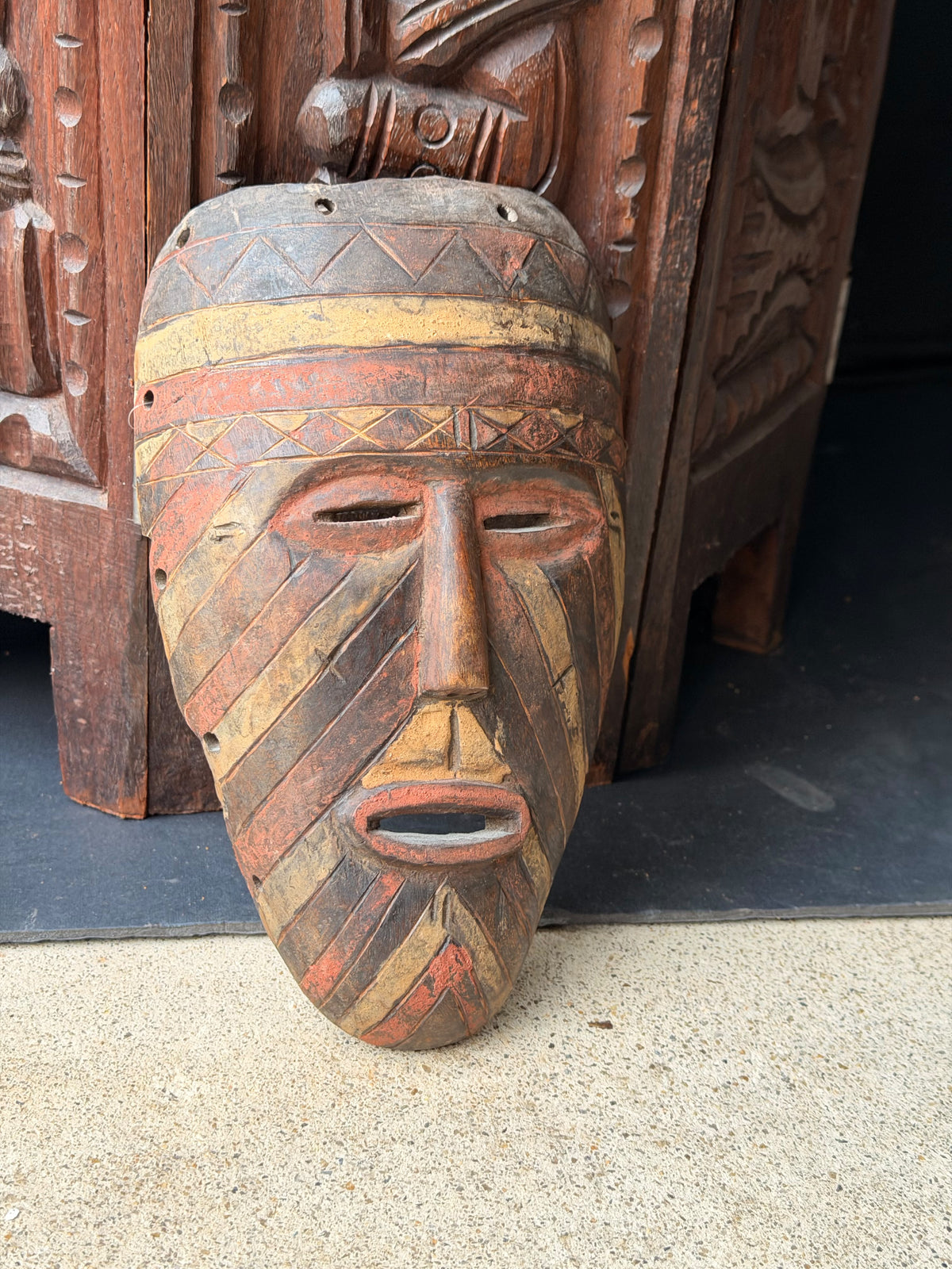 Vintage African Wood Mask Painted Diagonal Stripes Zigzag Band Carved Face 9in