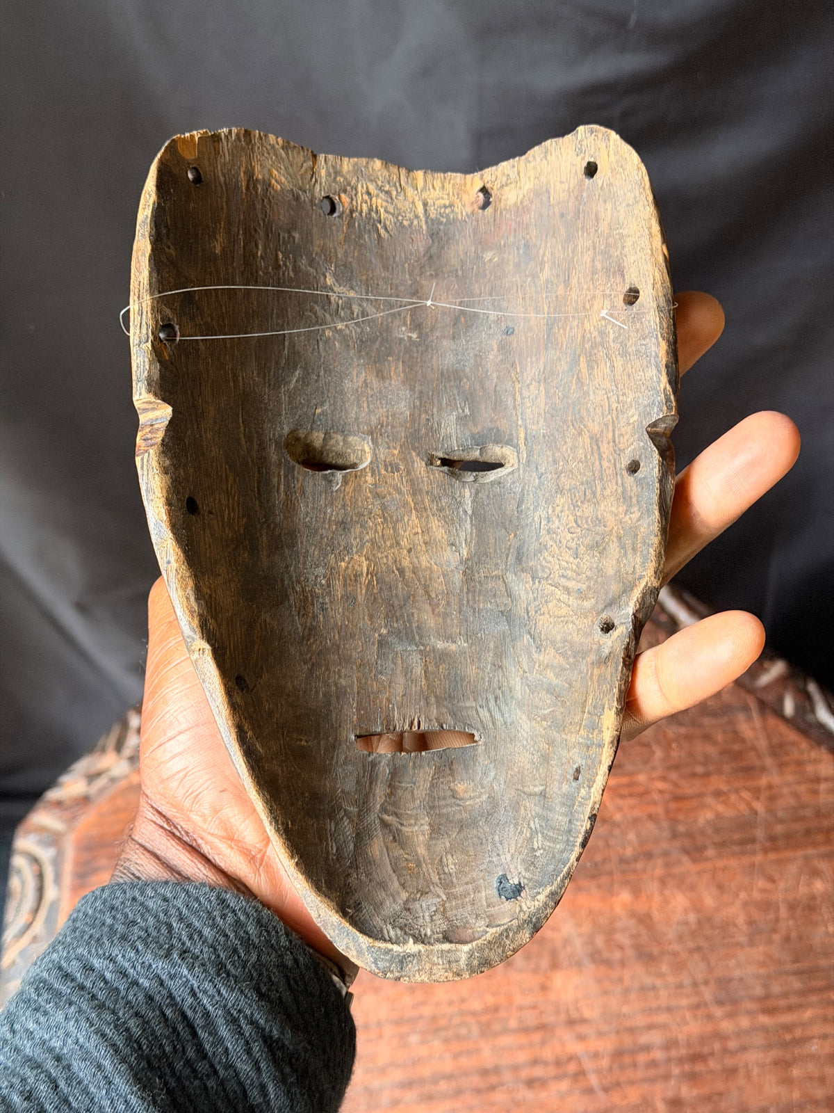 Vintage African Wood Mask Painted Diagonal Stripes Zigzag Band Carved Face 9in