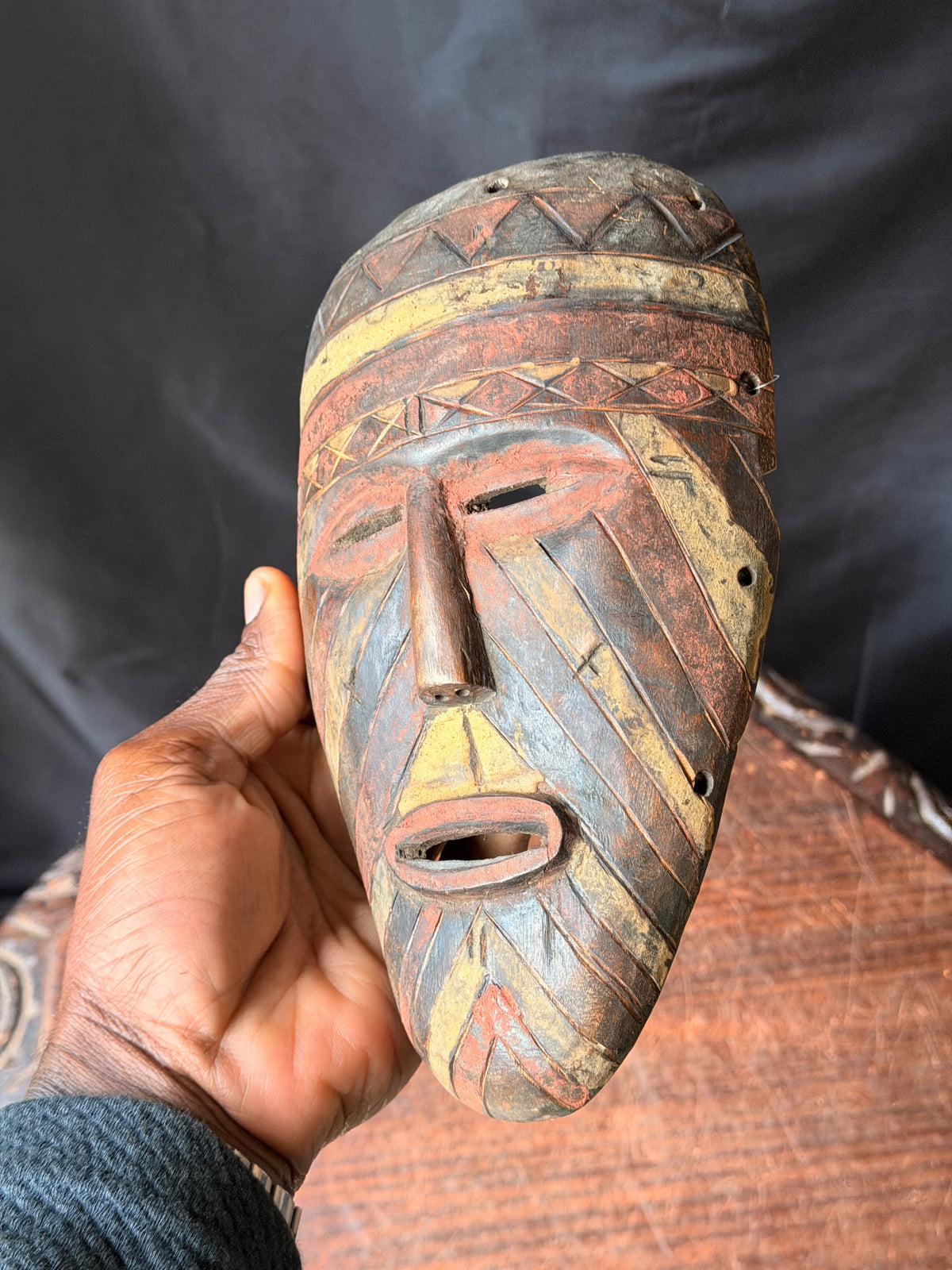 Vintage African Wood Mask Painted Diagonal Stripes Zigzag Band Carved Face 9in