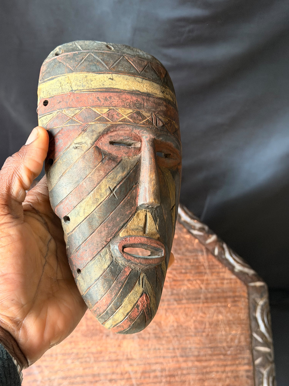 Vintage African Wood Mask Painted Diagonal Stripes Zigzag Band Carved Face 9in