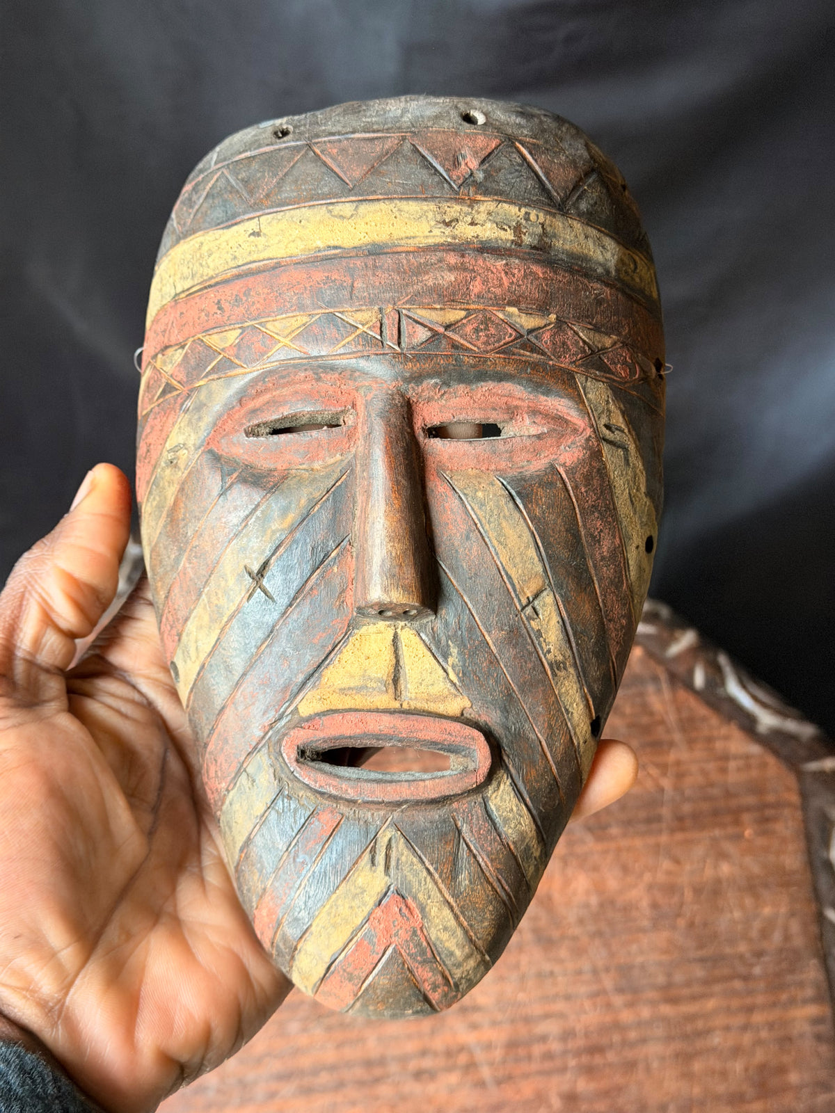 Vintage African Wood Mask Painted Diagonal Stripes Zigzag Band Carved Face 9in