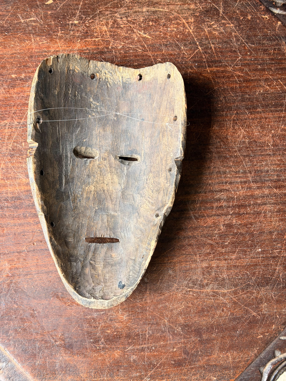 Vintage African Wood Mask Painted Diagonal Stripes Zigzag Band Carved Face 9in
