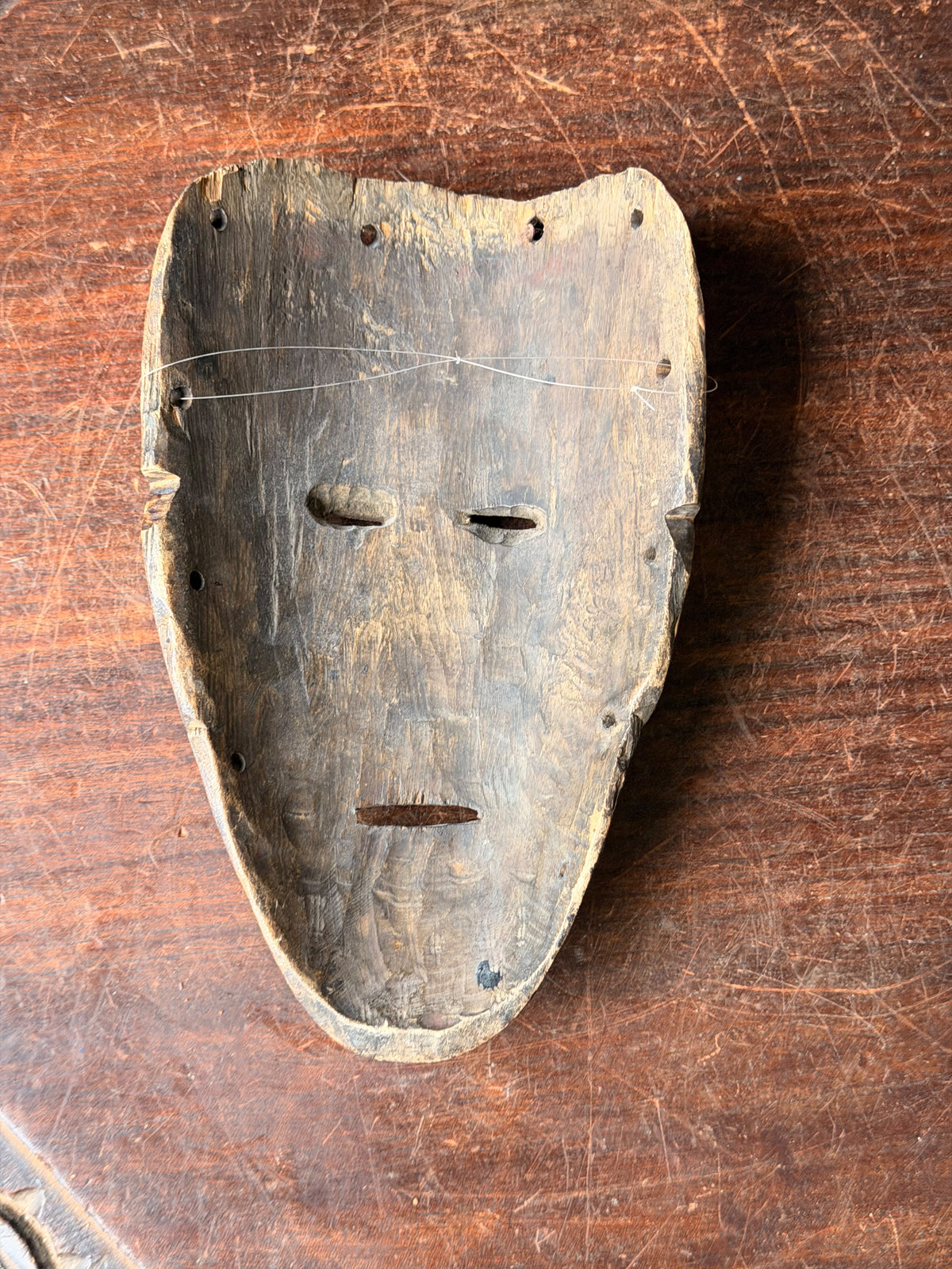 Vintage African Wood Mask Painted Diagonal Stripes Zigzag Band Carved Face 9in