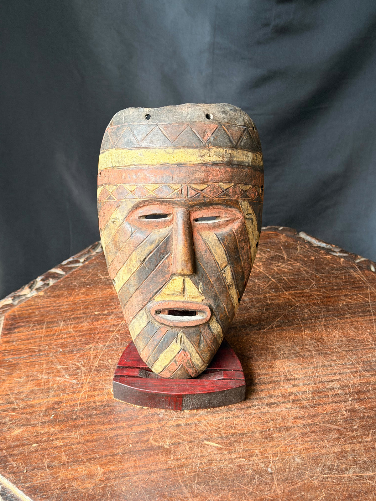 Vintage African Wood Mask Painted Diagonal Stripes Zigzag Band Carved Face 9in