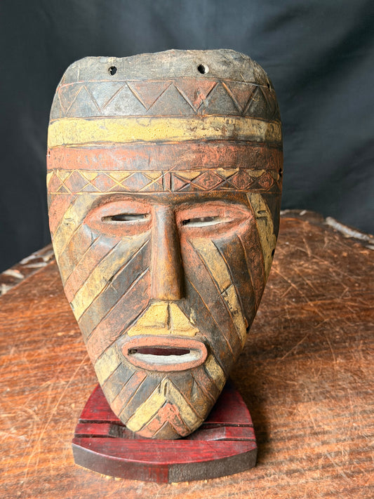Vintage African Wood Mask Painted Diagonal Stripes Zigzag Band Carved Face 9in
