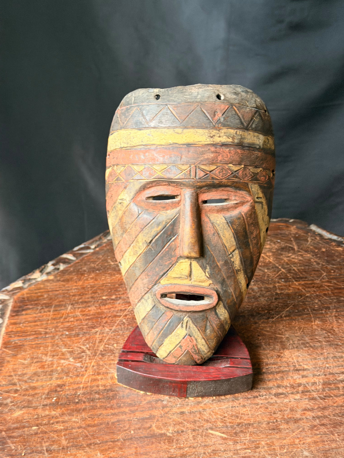 Vintage African Wood Mask Painted Diagonal Stripes Zigzag Band Carved Face 9in