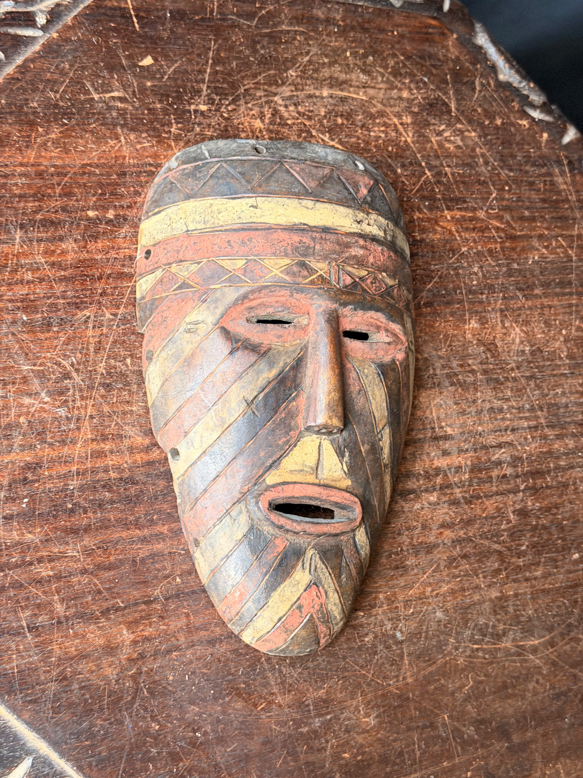 Vintage African Wood Mask Painted Diagonal Stripes Zigzag Band Carved Face 9in