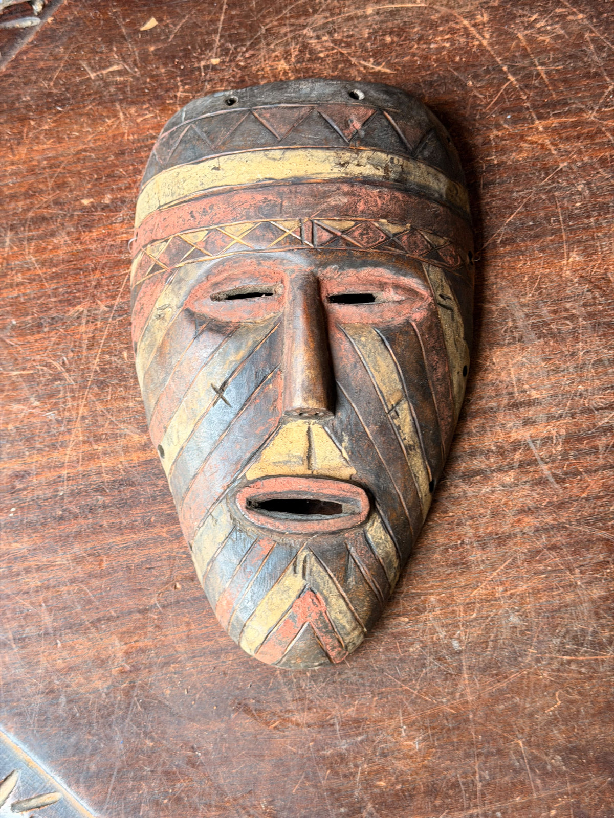 Vintage African Wood Mask Painted Diagonal Stripes Zigzag Band Carved Face 9in