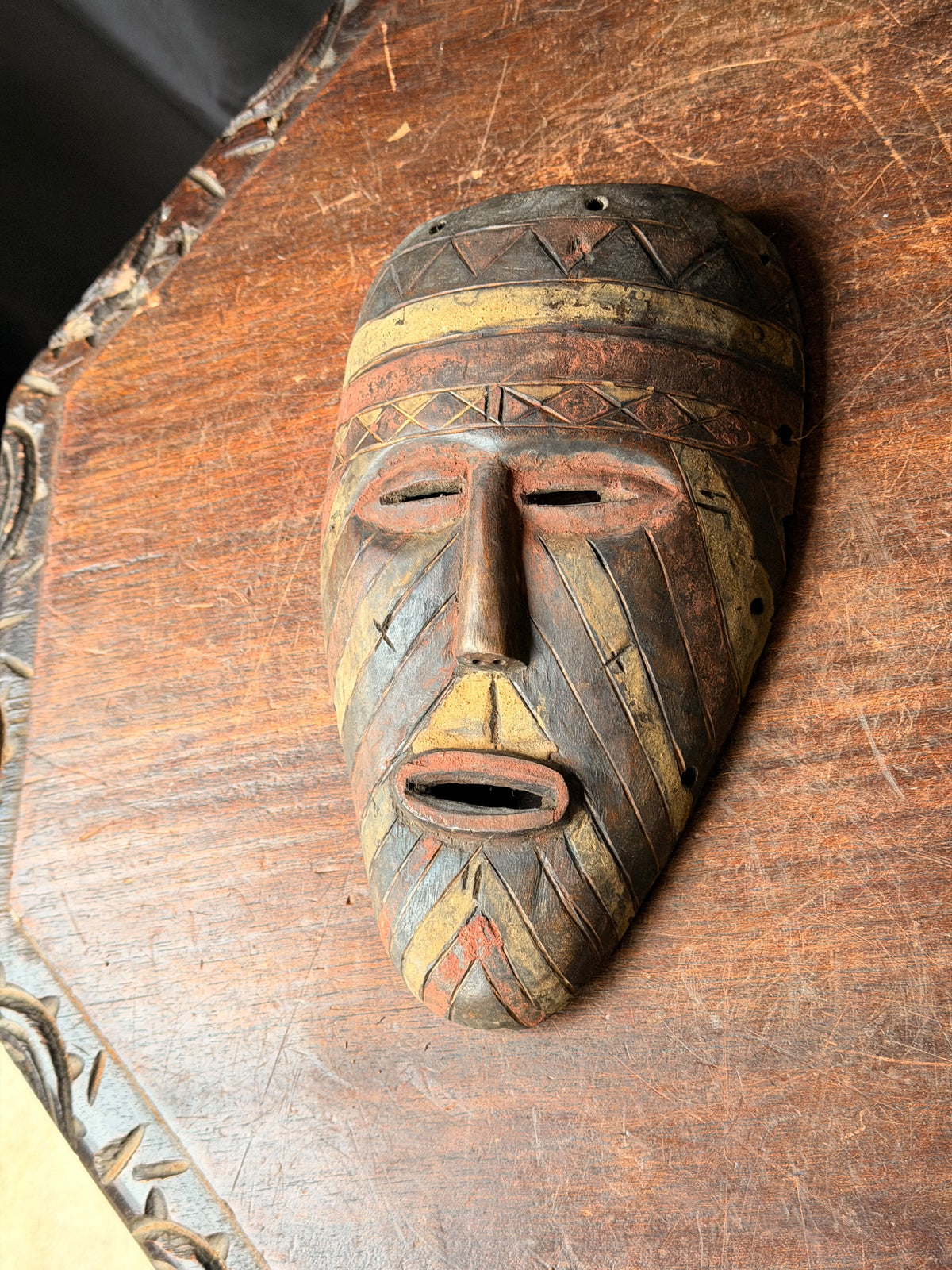 Vintage African Wood Mask Painted Diagonal Stripes Zigzag Band Carved Face 9in