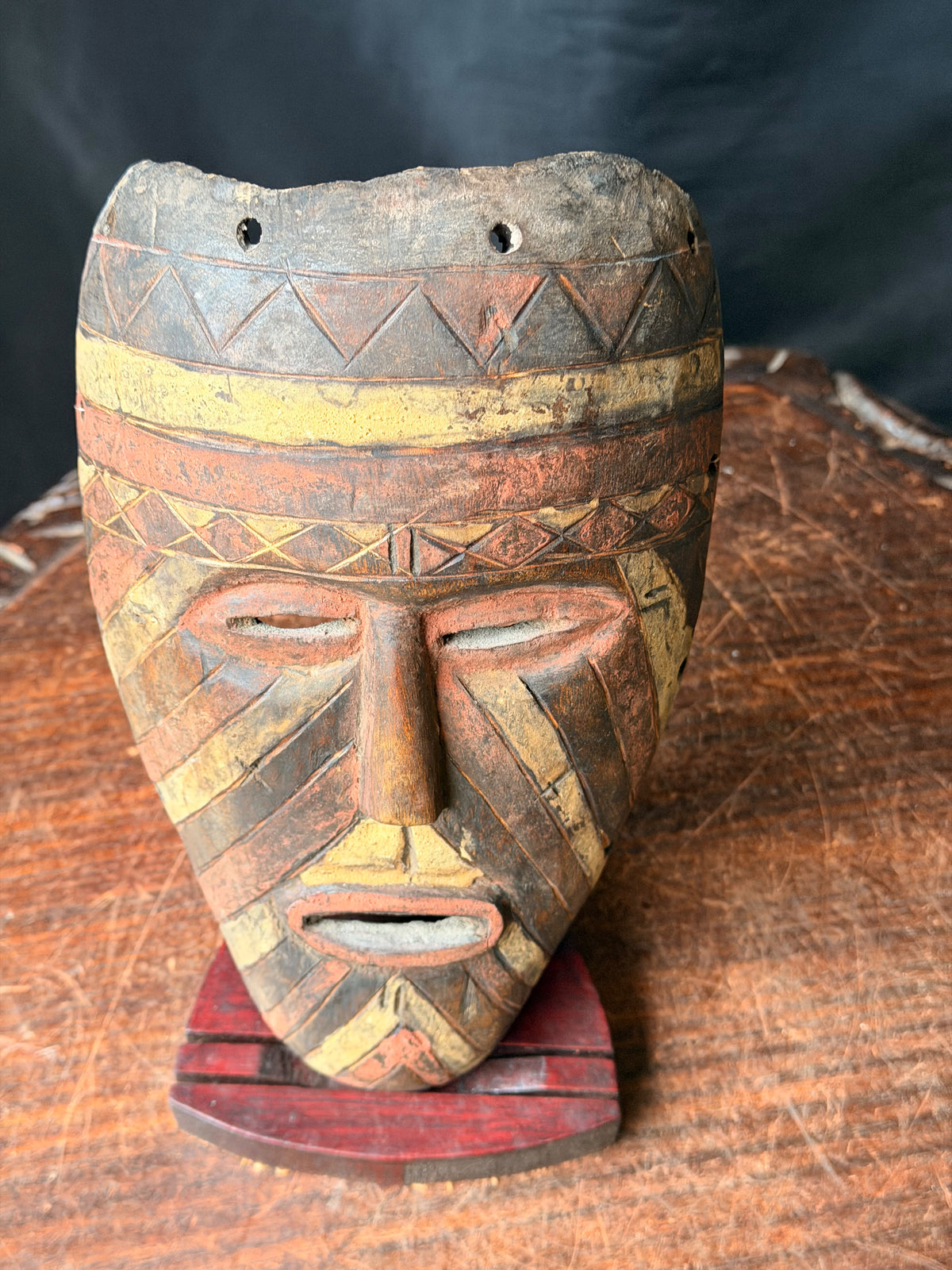 Vintage African Wood Mask Painted Diagonal Stripes Zigzag Band Carved Face 9in
