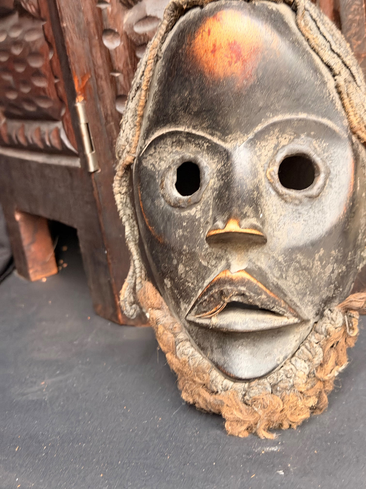Vintage Dan Wood Mask Round Eyes Braided Fiber Hair Beard West African 8in