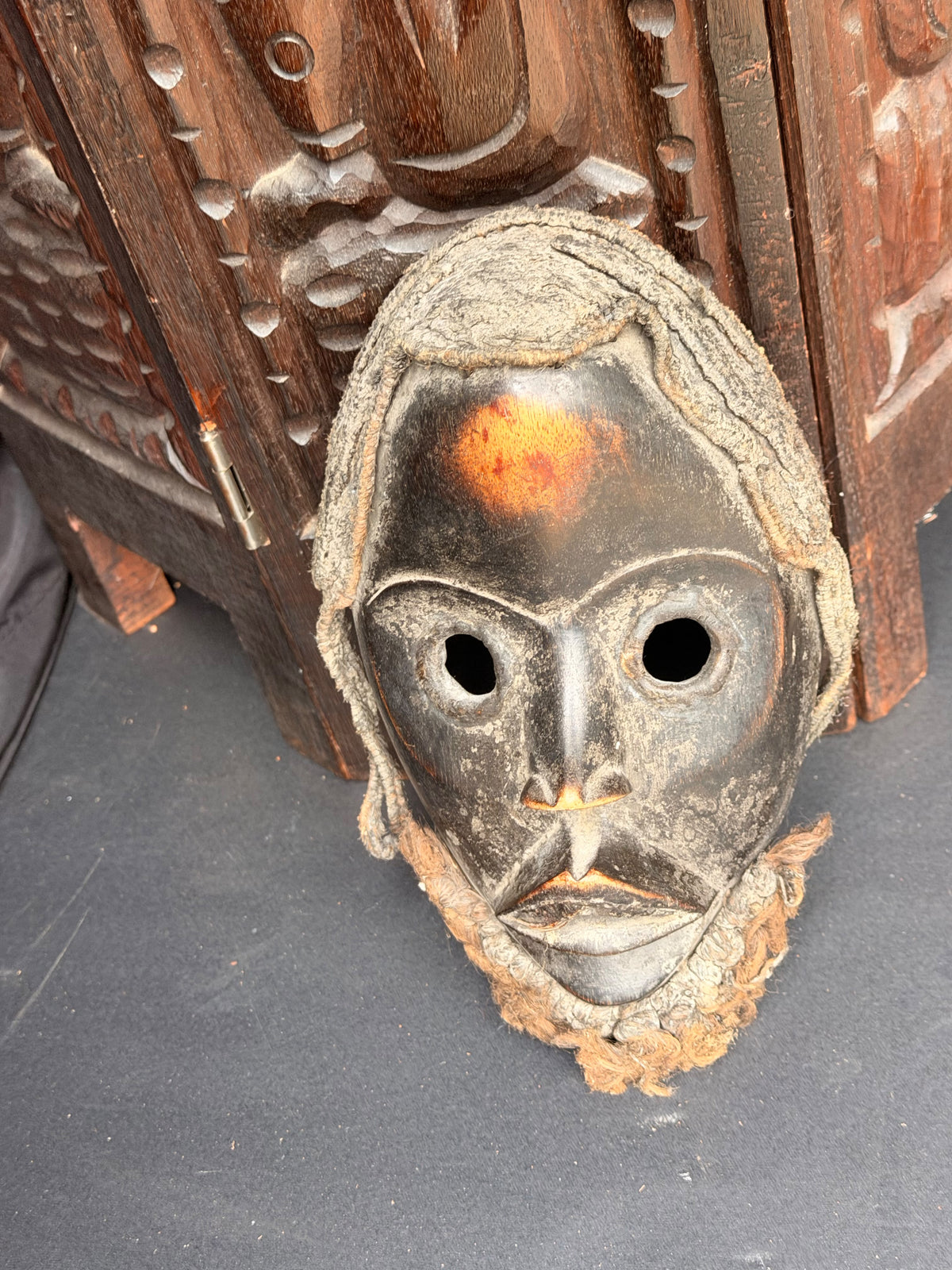 Vintage Dan Wood Mask Round Eyes Braided Fiber Hair Beard West African 8in