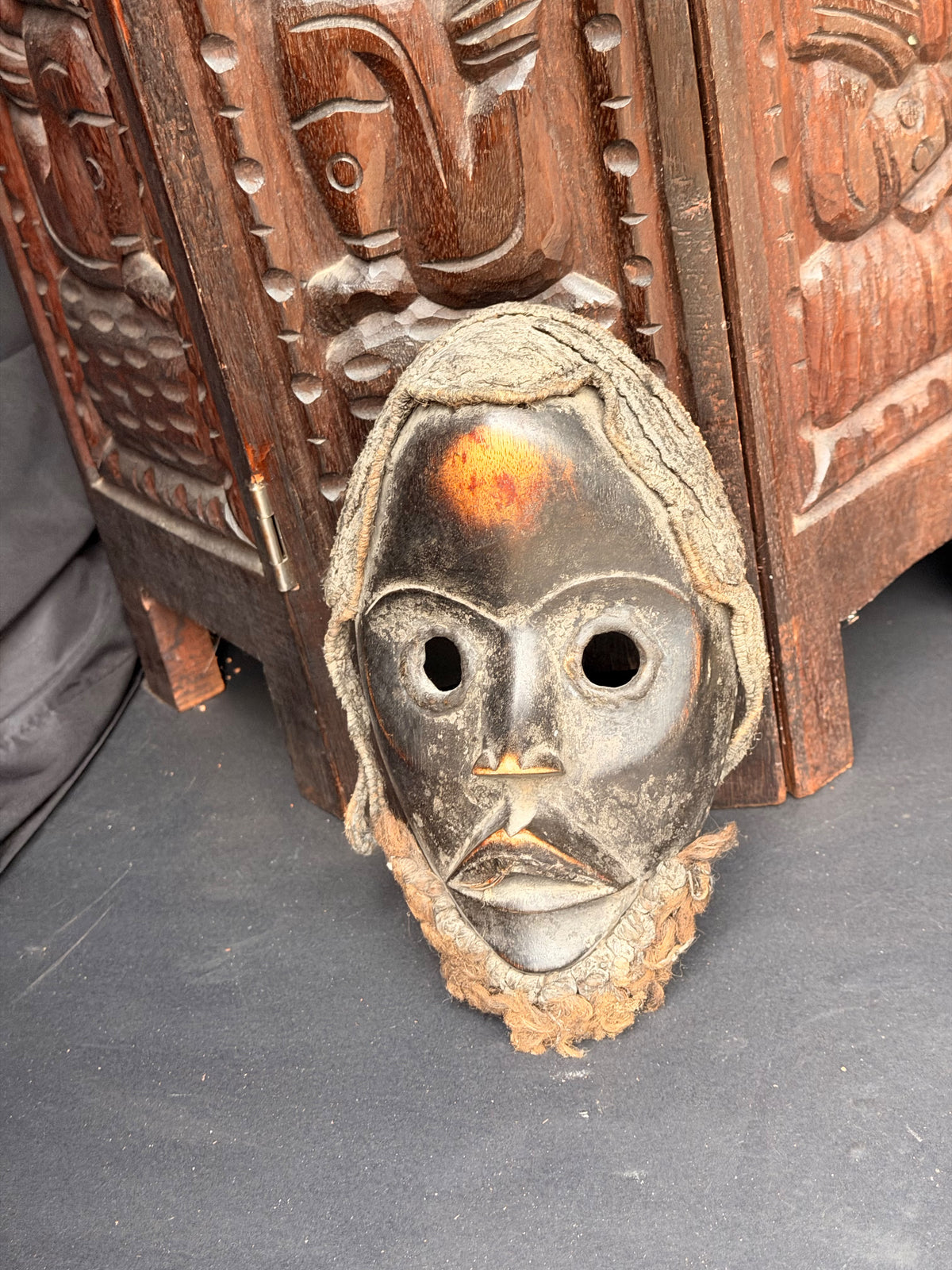 Vintage Dan Wood Mask Round Eyes Braided Fiber Hair Beard West African 8in