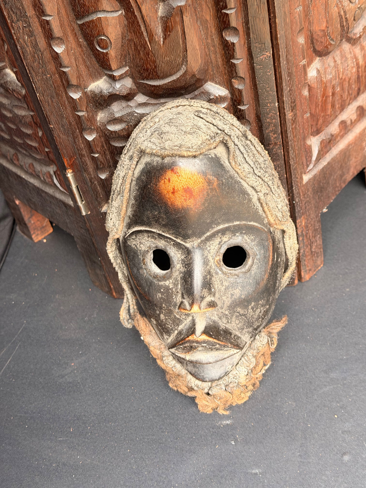 Vintage Dan Wood Mask Round Eyes Braided Fiber Hair Beard West African 8in