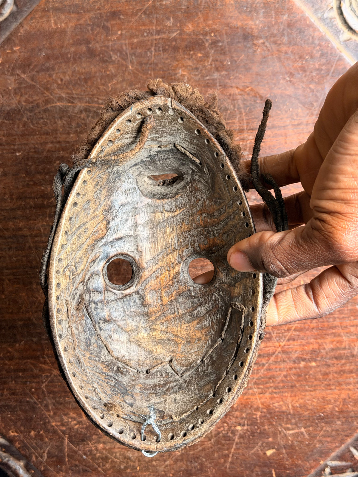 Vintage Dan Wood Mask Round Eyes Braided Fiber Hair Beard West African 8in