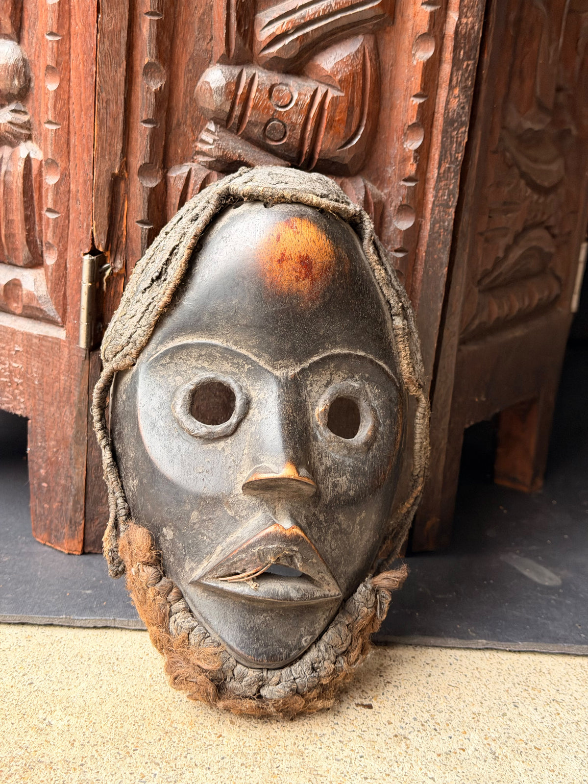 Vintage Dan Wood Mask Round Eyes Braided Fiber Hair Beard West African 8in