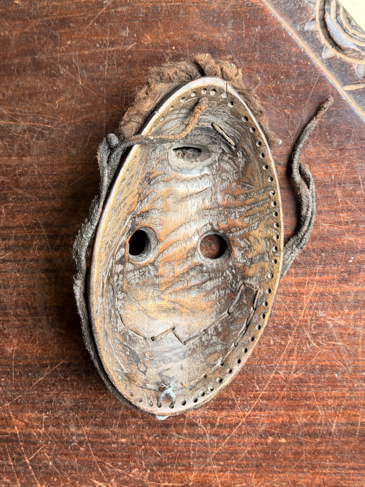 Vintage Dan Wood Mask Round Eyes Braided Fiber Hair Beard West African 8in