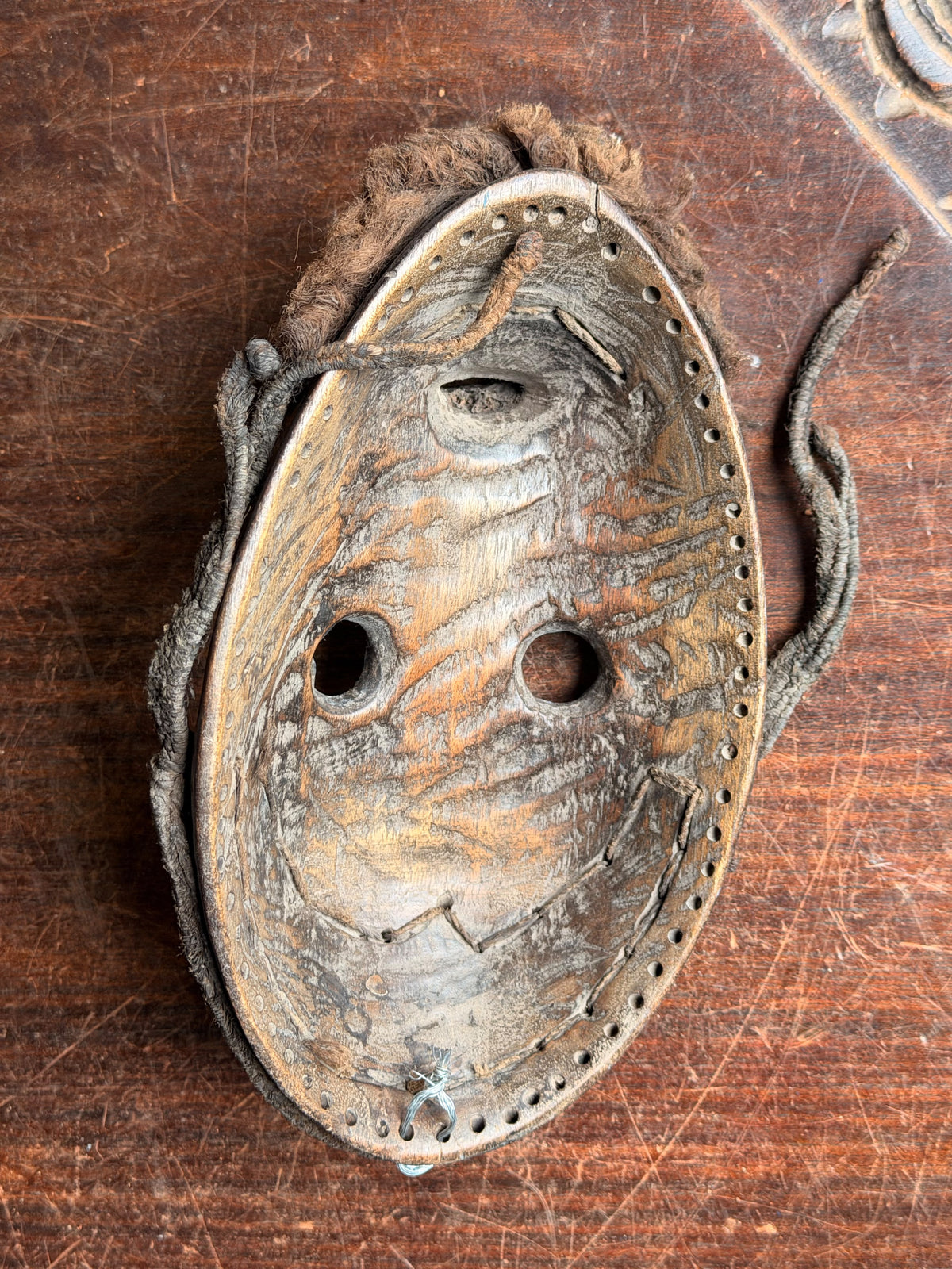 Vintage Dan Wood Mask Round Eyes Braided Fiber Hair Beard West African 8in