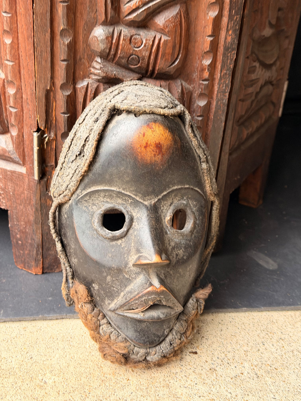 Vintage Dan Wood Mask Round Eyes Braided Fiber Hair Beard West African 8in