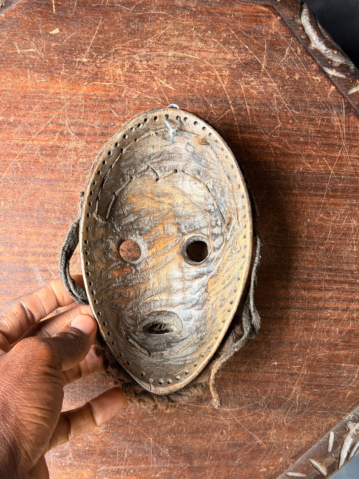 Vintage Dan Wood Mask Round Eyes Braided Fiber Hair Beard West African 8in