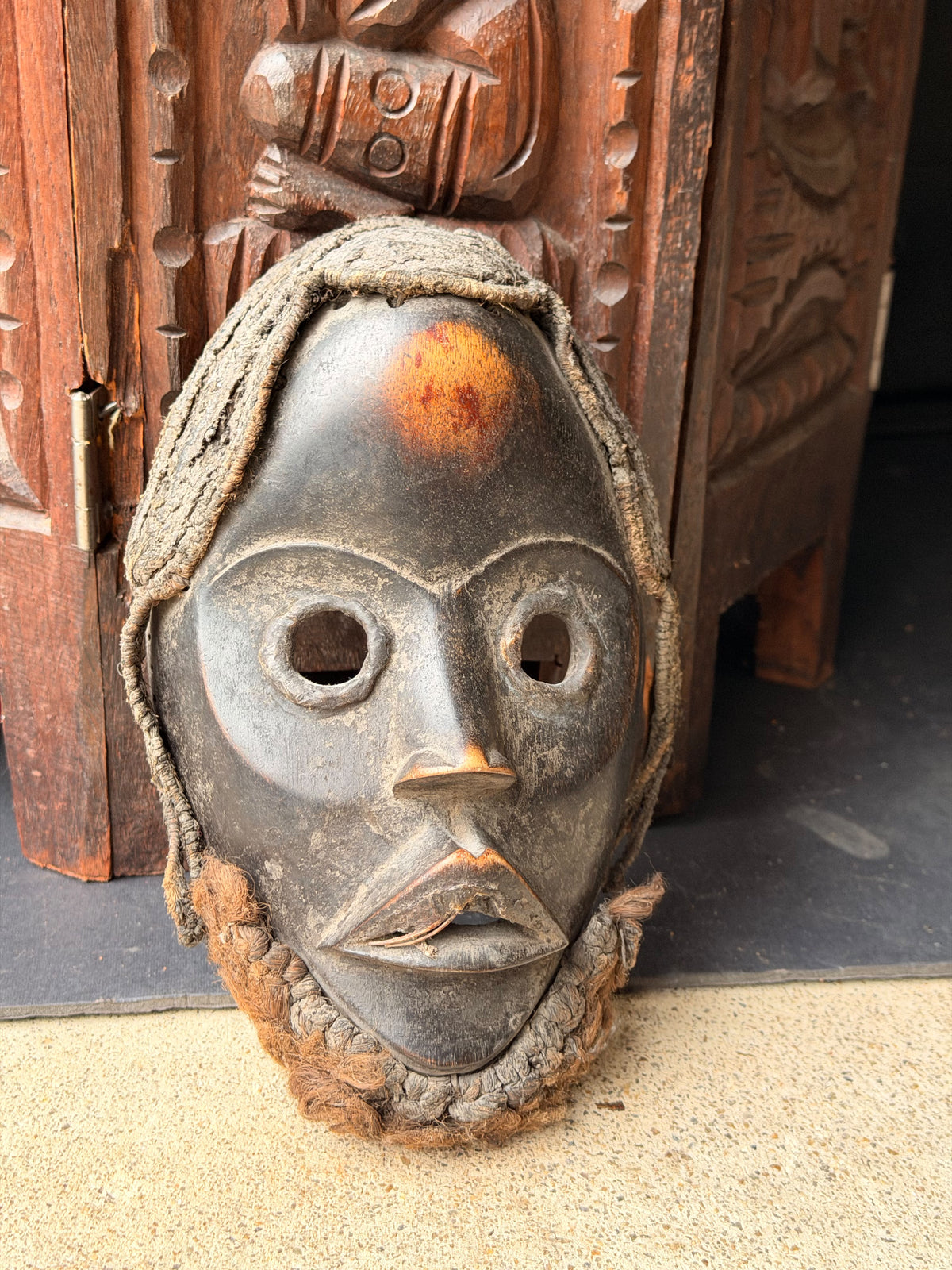 Vintage Dan Wood Mask Round Eyes Braided Fiber Hair Beard West African 8in
